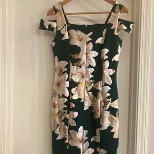 Elegant Enfocus Studio off Shoulder Dress - Green with Pink and Cream Floral
